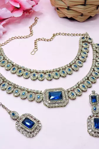 Blue yellow gold premium designer american diamond and stone work necklace set