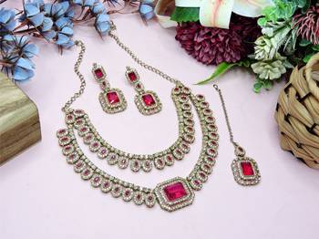 Pink yellow gold premium designer american diamond and stone work necklace set 1