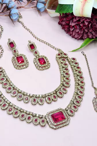 Pink yellow gold premium designer american diamond and stone work necklace set
