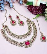 Pink yellow gold premium designer american diamond and stone work necklace set