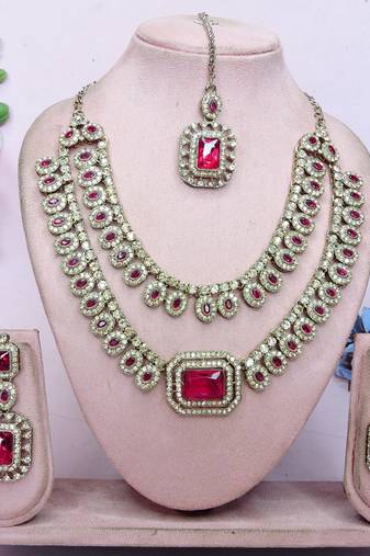 Pink yellow gold premium designer american diamond and stone work necklace set