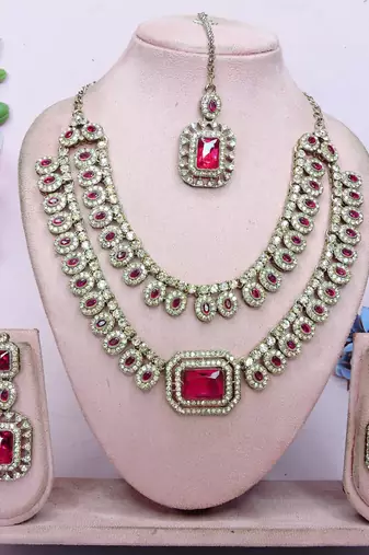 Pink yellow gold premium designer american diamond and stone work necklace set