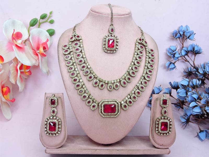 Pink yellow gold premium designer american diamond and stone work necklace set