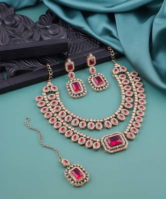 Pink yellow gold premium designer american diamond and stone work necklace set 2