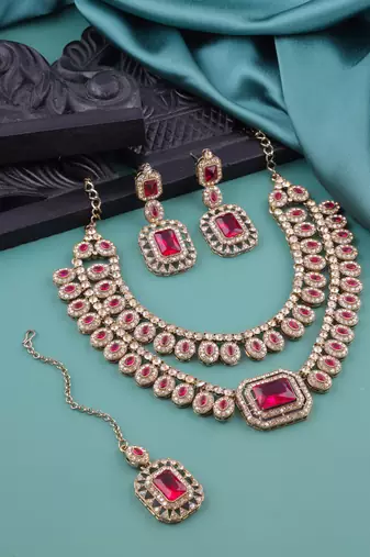 Pink yellow gold premium designer american diamond and stone work necklace set