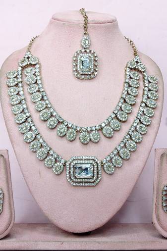 White yellow gold premium designer american diamond and stone work necklace set