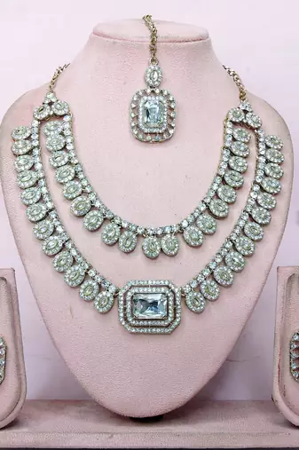 White yellow gold premium designer american diamond and stone work necklace set