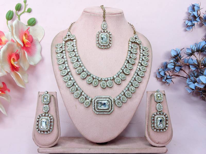 White yellow gold premium designer american diamond and stone work necklace set