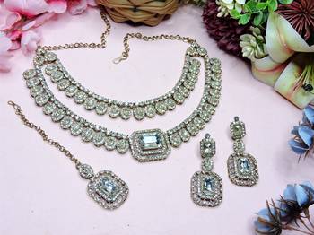 White yellow gold premium designer american diamond and stone work necklace set 2