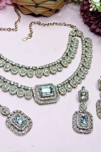 White yellow gold premium designer american diamond and stone work necklace set