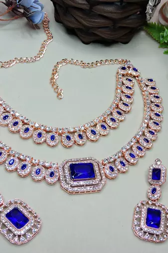 Blue rose gold premium designer american diamond and stone work necklace set
