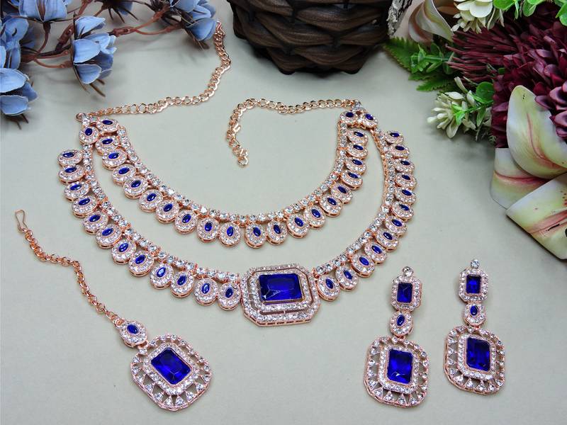 Blue rose gold premium designer american diamond and stone work necklace set