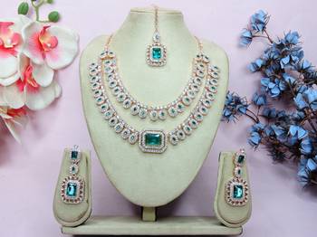 Green rose gold premium designer american diamond and stone work necklace set 1