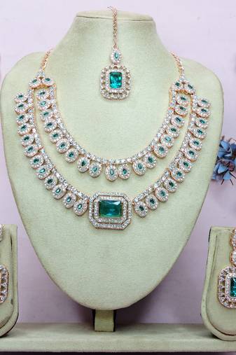 Green rose gold premium designer american diamond and stone work necklace set