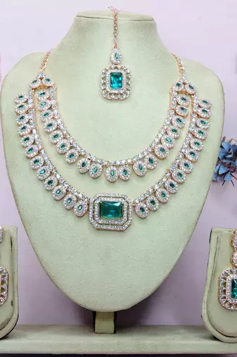 Green rose gold premium designer american diamond and stone work necklace set