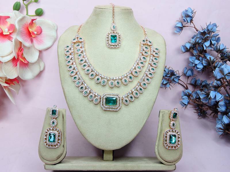 Green rose gold premium designer american diamond and stone work necklace set