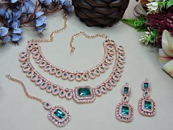 Green rose gold premium designer american diamond and stone work necklace set 2