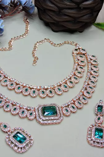 Green rose gold premium designer american diamond and stone work necklace set