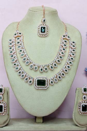 Green rose gold premium designer american diamond and stone work necklace set