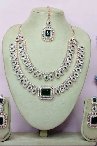Green rose gold premium designer american diamond and stone work necklace set