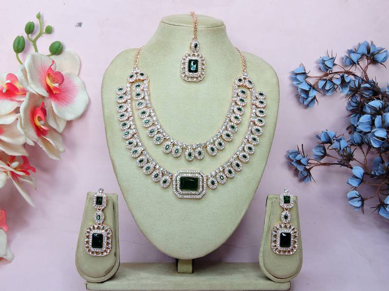 Green rose gold premium designer american diamond and stone work necklace set