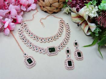 Green rose gold premium designer american diamond and stone work necklace set 2