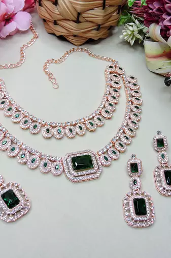 Green rose gold premium designer american diamond and stone work necklace set