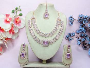 Purple rose gold premium designer american diamond and stone work necklace set 1