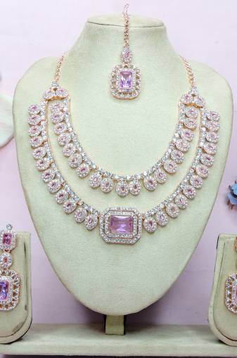 Purple rose gold premium designer american diamond and stone work necklace set