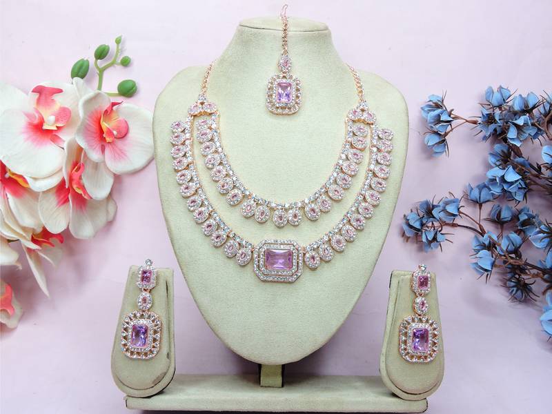 Purple rose gold premium designer american diamond and stone work necklace set