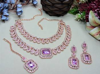 Purple rose gold premium designer american diamond and stone work necklace set 2
