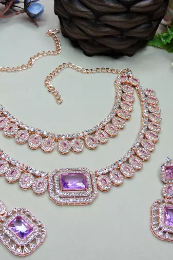 Purple rose gold premium designer american diamond and stone work necklace set