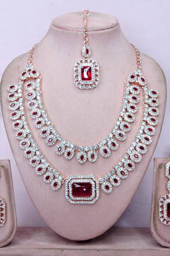 Maroon rose gold premium designer american diamond and stone work necklace set