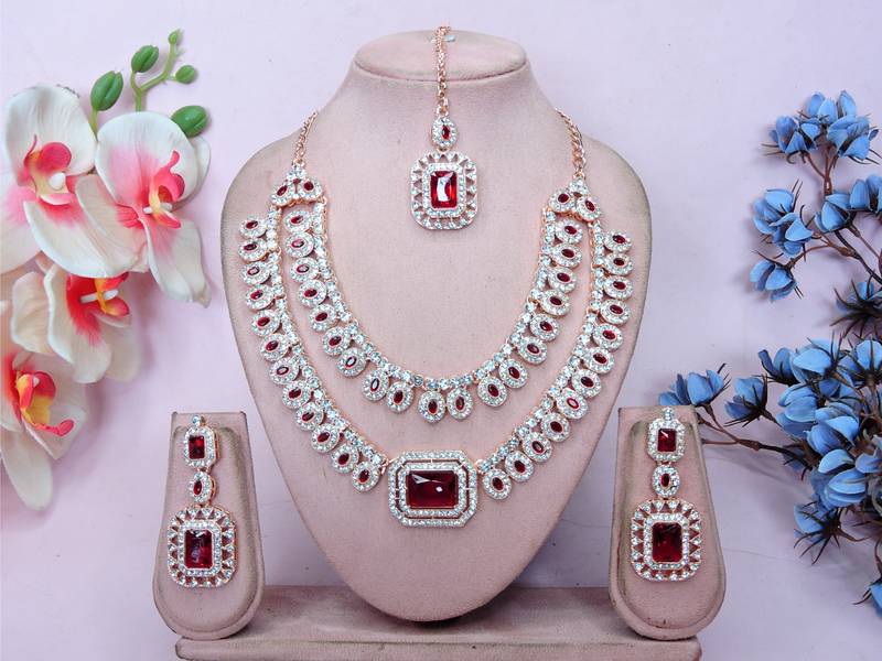 Maroon rose gold premium designer american diamond and stone work necklace set