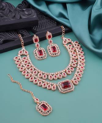 Maroon rose gold premium designer american diamond and stone work necklace set 2