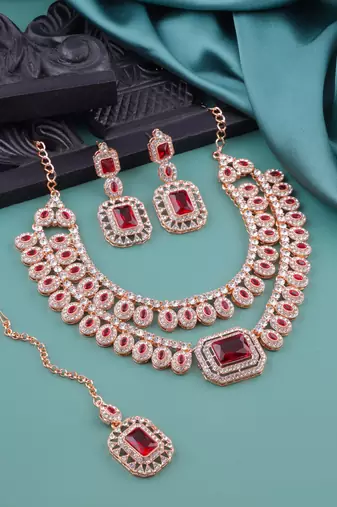 Maroon rose gold premium designer american diamond and stone work necklace set