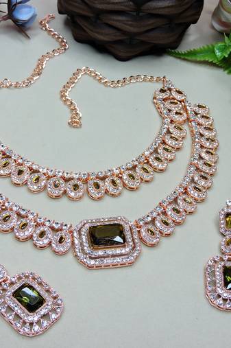 Green rose gold premium designer american diamond and stone work necklace set
