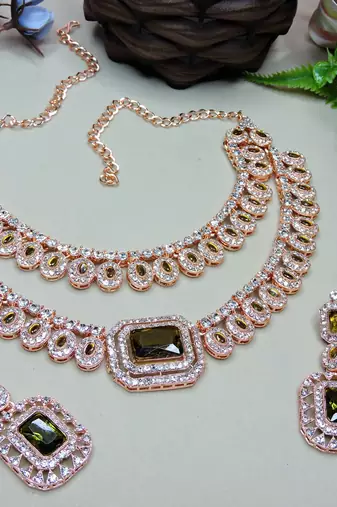 Green rose gold premium designer american diamond and stone work necklace set