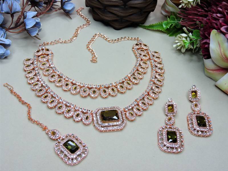 Green rose gold premium designer american diamond and stone work necklace set