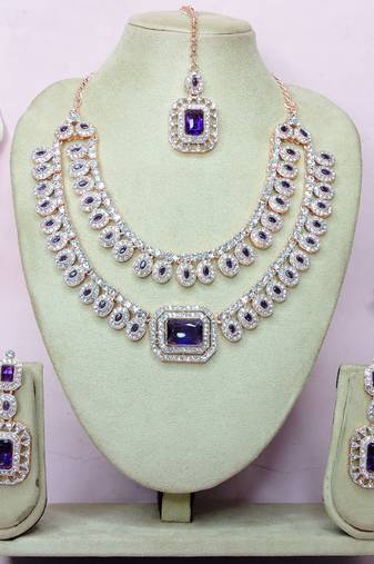 Blue rose gold premium designer american diamond and stone work necklace set