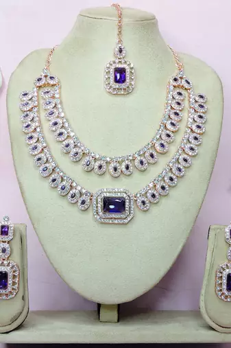 Blue rose gold premium designer american diamond and stone work necklace set