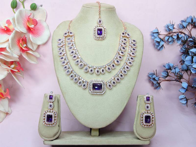 Blue rose gold premium designer american diamond and stone work necklace set
