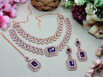 Blue rose gold premium designer american diamond and stone work necklace set 2