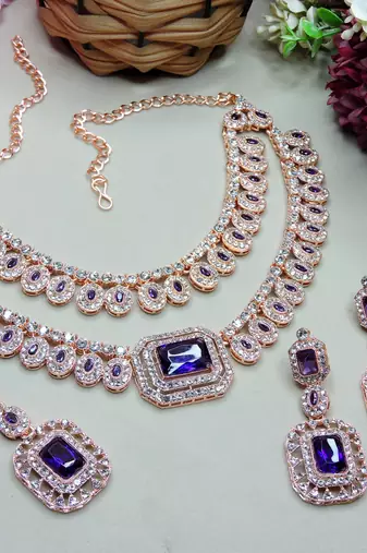Blue rose gold premium designer american diamond and stone work necklace set