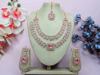 Pink rose gold premium designer american diamond and stone work necklace set 1