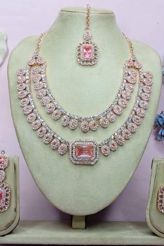 Pink rose gold premium designer american diamond and stone work necklace set