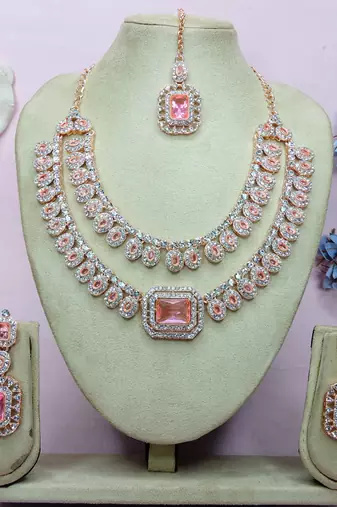 Pink rose gold premium designer american diamond and stone work necklace set