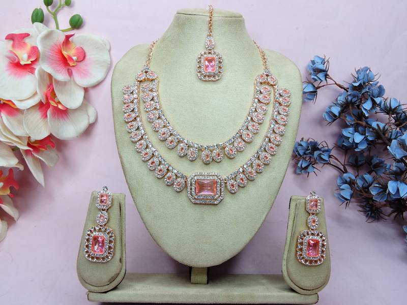Pink rose gold premium designer american diamond and stone work necklace set