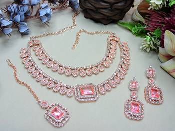 Pink rose gold premium designer american diamond and stone work necklace set 2