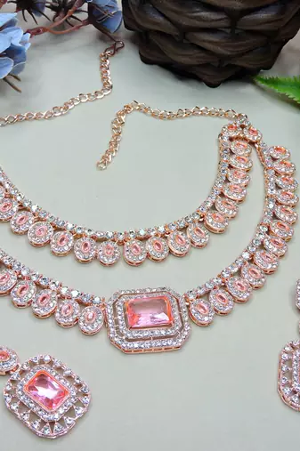 Pink rose gold premium designer american diamond and stone work necklace set